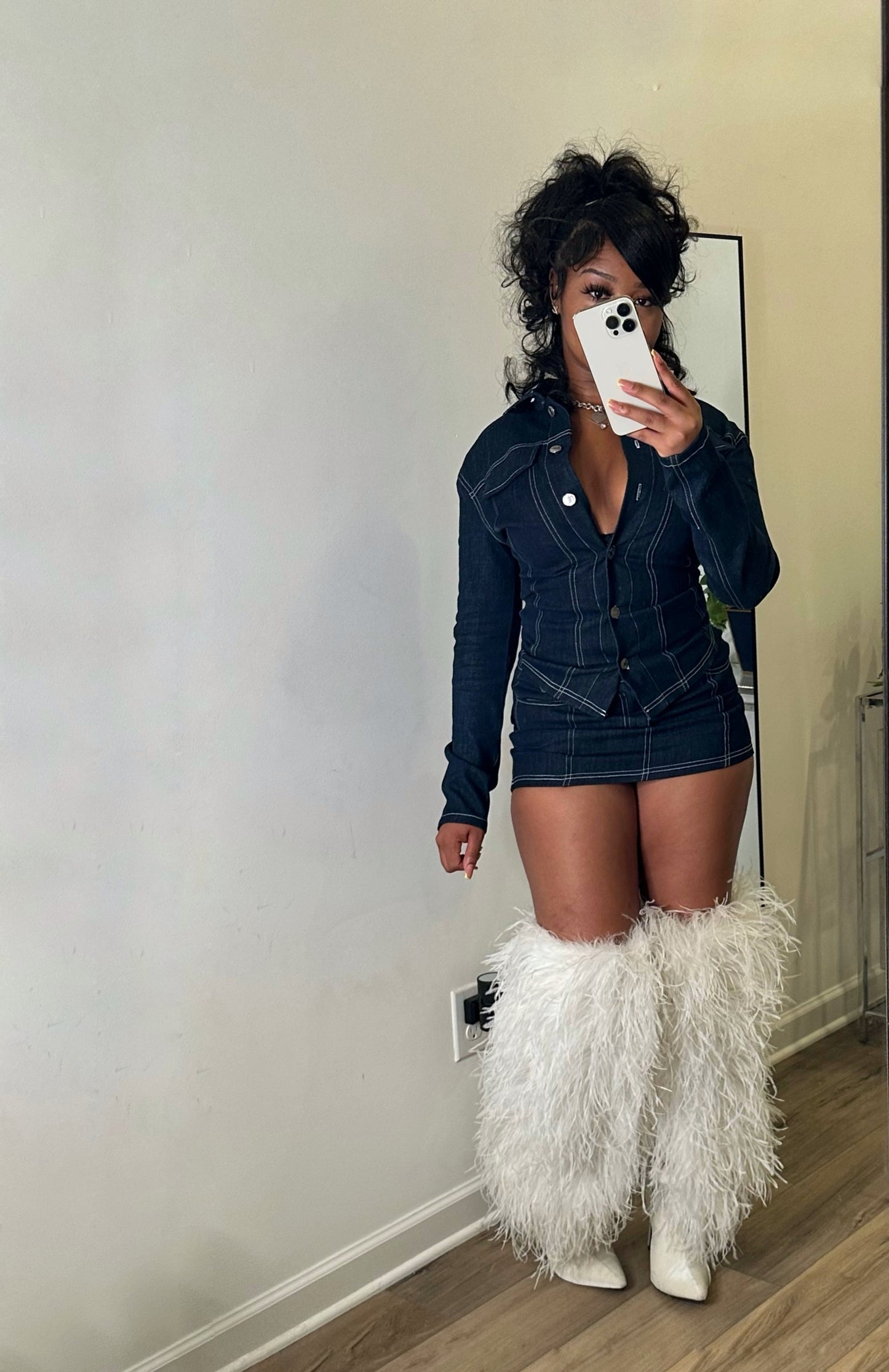 White Lined Denim Set